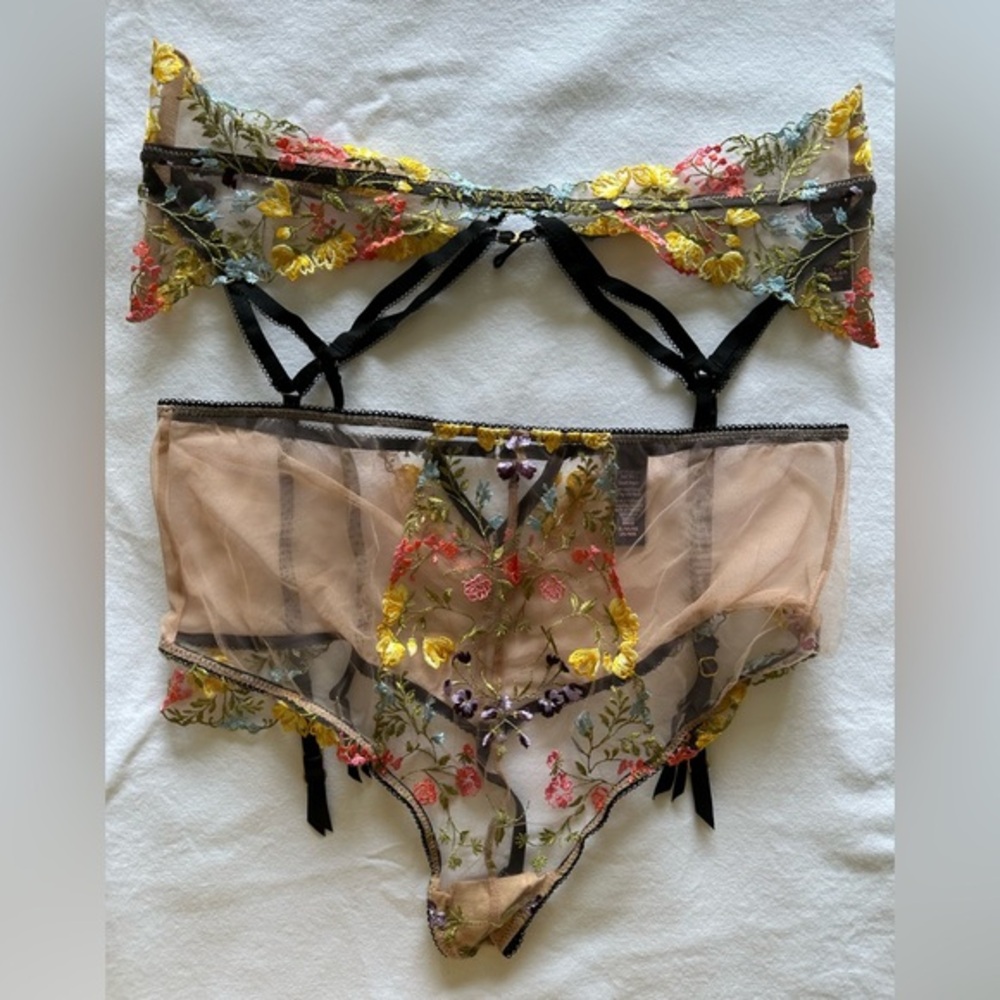 NWOT Embroidered Floral and Illusion Tulle High Waist Thong and Suspender Set